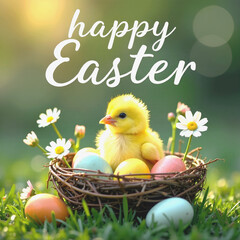 Wall Mural - Little yellow chick in a bird nest with colorful eggs on a Happy Easter background. Square composition.