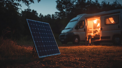 Wall Mural - portable solar panel stands in front of camper van with lights turned on for electricity supply, sym