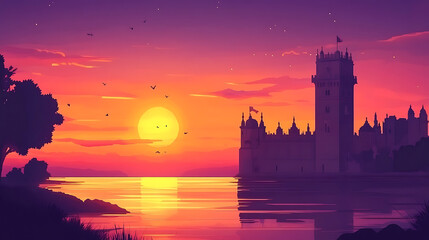 Fototapete - Portugal day background with the belem tower at sunset