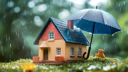 Aufkleber - Home insurance, real estate, property, toy house under umbrella