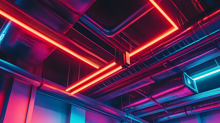 Fototapete - Metal pipes in a modern industrial air conditioning system on the ceiling, with cold and warm colors