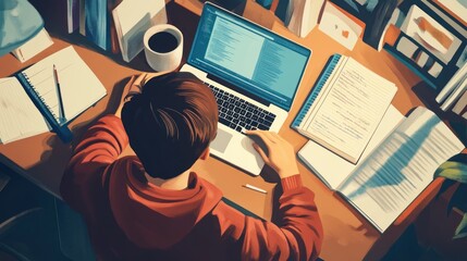 Overhead view of person coding on laptop surrounded by books and papers.