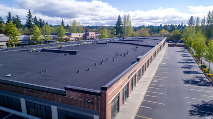 Poster - Images from a midday drone photo shoot of asphalt shingles and tpo on commercial roofs, sunny, outside, strip mall, architecture