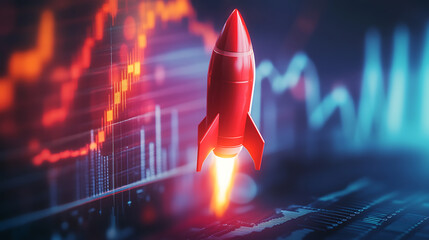 Aufkleber - Red rocket launching over a blurred financial chart background, symbolizing business growth and startup success