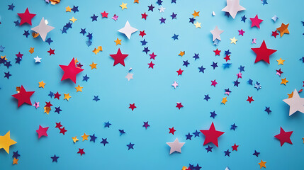 Poster - Red, white, and blue confetti stars are laying on a blue background creating a festive backdrop for 4th of july independence day