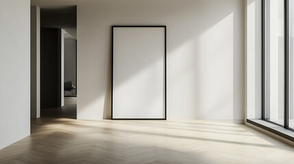 Leinwandbilder - Mockup of a black frame leaning against the wall on a parquet floor, with a minimalistic interior design, light grey walls, a white background, natural lighting