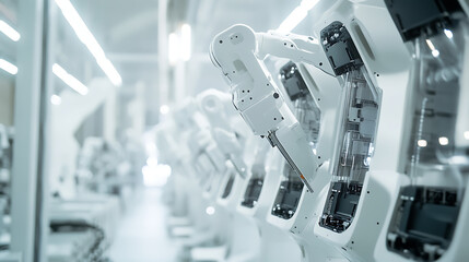 Aufkleber - Industrial robotic arms assemble lithium-ion battery for electric vehicle, row of white robotic arms on automated production line in bright modern factory, electric vehicle production