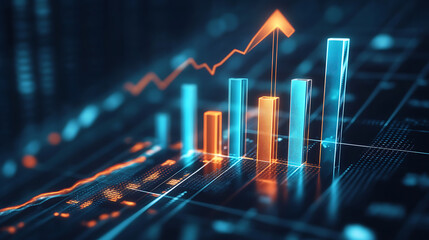 Aufkleber - Rising bar graph with an upward arrow, digital image, white background, concept of growth or progress