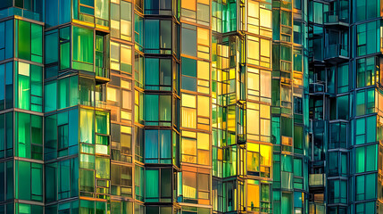 Aufkleber - Modern glass skyscrapers in downtown san francisco, close up, golden hour, green and blue tones, architectural photography