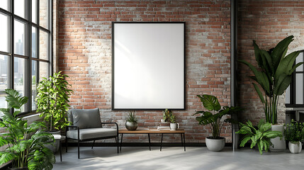 Leinwandbilder - Modern office interior with a blank poster on a brick wall, indoor plants, and furniture, concept of a design mockup
