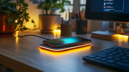 Poster - Modern smartphone wirelessly charging on a sleek pad with soft-glowing led lights in a cozy, contemporary home office setting