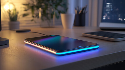 Poster - Modern smartphone wirelessly charging on a sleek pad with soft-glowing led lights in a cozy, contemporary home office setting