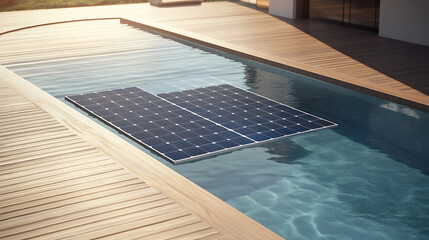 Wall Mural - modern solar powered swimming pool pump with visible solar panels and wooden deck