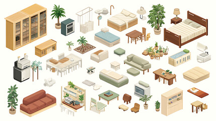 Aufkleber - Isometric set of furniture for the living room, kitchen, bedroom, and nursery, furnishings for home and workplace interior design: bed, couch, table, plants, chair, wardrobe, lamp, cot