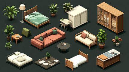 Aufkleber - Isometric set of furniture for the living room, kitchen, bedroom, and nursery, furnishings for home and workplace interior design: bed, couch, table, plants, chair, wardrobe, lamp, cot