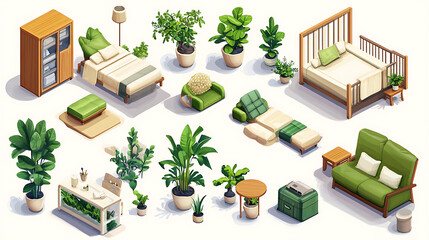 Aufkleber - Isometric set of furniture for the living room, kitchen, bedroom, and nursery, furnishings for home and workplace interior design: bed, couch, table, plants, chair, wardrobe, lamp, cot