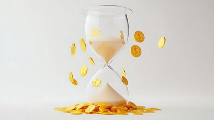 Poster - It is time that money is made, gold coins fall into sand in an hourglass on a white background, a realistic 3d modern illustration