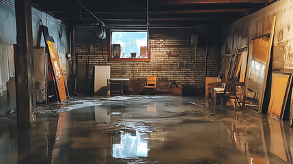 Aufkleber - Flooded basement with standing water and damaged interior