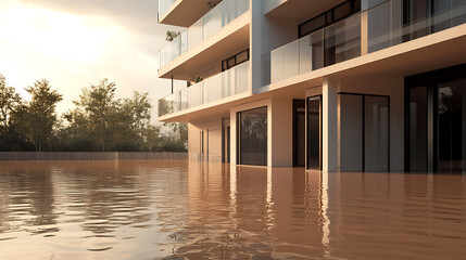 Fototapete - Flooded modern apartment building with brown water covering the ground floor, highlighting urban flooding and disaster impact, concept of urban flooding