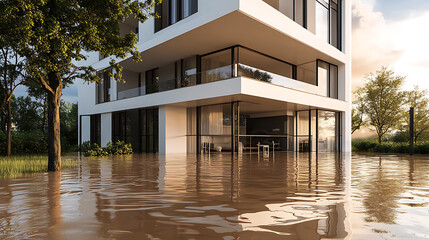 Fototapete - Flooded modern apartment building with brown water covering the ground floor, highlighting urban flooding and disaster impact, concept of urban flooding