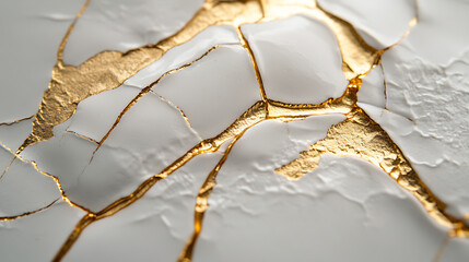 Aufkleber - Kintsugi wallpaper image, white ceramic color with gold liquid, close up, japanese pottery art