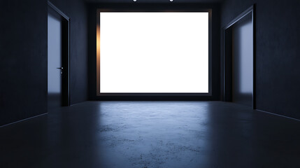 Poster - Front view of a blank, white, glowing digital screen inside a dimly lit hallway with a black wall and a concrete floor, concept for the presentation, sketchup, 3d animation