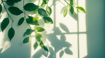 Aufkleber - Leaves and window pane shadow overlay effect on white background, natural light, abstract image concept