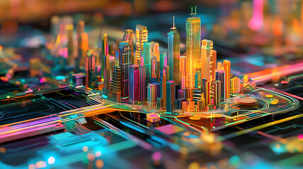 Futuristic abstract city model showcasing gis geodata mapping concept with vibrant digital layers and intricate urban details