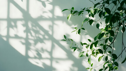 Poster - Leaves and window pane shadow overlay effect on white background, natural light, abstract image concept
