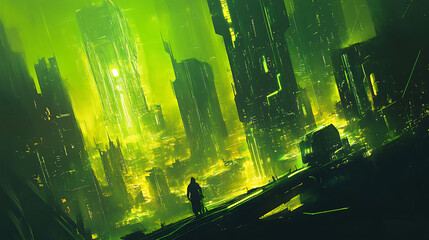 Poster - Futuristic green digital city with glowing lines and abstract architecture, this artwork features a high-tech cityscape with a network of interconnected structures and pathways
