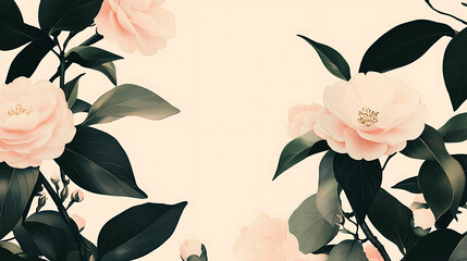 Aufkleber - Light blush camellias in the corners, creating a minimalist border, camellia flowers leaves and wild flowers at footer background, pastel color
