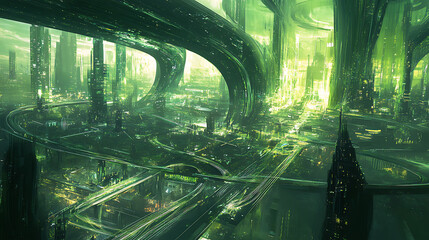 Aufkleber - Futuristic green digital city with glowing lines and abstract architecture, this artwork features a high-tech cityscape with a network of interconnected structures and pathways