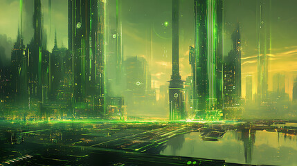 Aufkleber - Futuristic green digital city with glowing lines and abstract architecture, this artwork features a high-tech cityscape with a network of interconnected structures and pathways