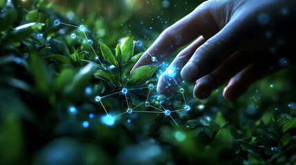 Aufkleber - Genetic engineering, biotechnology, green energy, environmental protection, a hand touching a plant in a garden with diagram of molecules