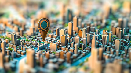 Leinwandbilder - Geofencing technology, a stylized, miniature city model with a large geo pin prominently placed, the use of geofencing in urban areas for marketing, security, and logistics