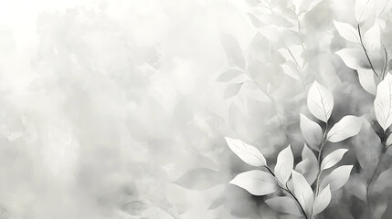Aufkleber - Light grey watercolor background with white leaves and foliage on the right side, light gray color palette
