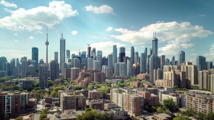 Wall Mural - Panoramic view of a vibrant city skyline on a sunny day, featuring skyscrapers, residential buildings, and lush greenery.