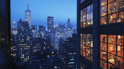 Poster - Lit office building windows glow warm against the blue evening, showing bustling city life and after-hours activity, concept: urban work culture
