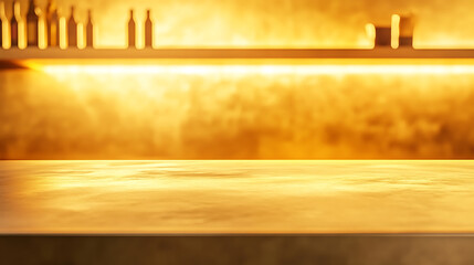 Poster - Golden steel countertop, empty shelf, kitchen counter on gold background with spot light, bar desk surface in foreground