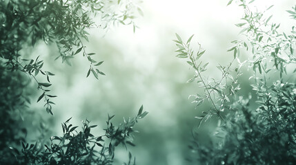 Poster - Green and white background with soft light, leafy theme, blurred