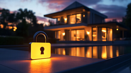 Leinwandbilder - Luminous padlock is glowing in front of a modern house with lights on at sunset, symbolizing a secure and protected home