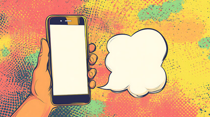 Poster - Hand holding smartphone with whitblank screen with empty speech bubble popping against vibrant background with abstract halftone grunge background