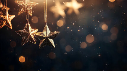 Poster - Magical golden stars hanging on dark background with bokeh effect
