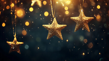 Poster - Magical golden stars hanging on dark background with bokeh effect