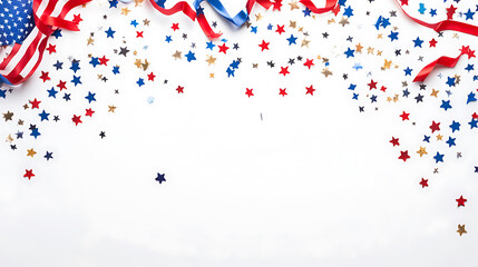 Poster - Happy veterans day, banner design, usa decorations confetti ribbon on white table flat lay top view, with space for copy or greetings