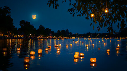 Poster - Many krathong are floating on a river at night, illuminated by the moon during loy krathong festival