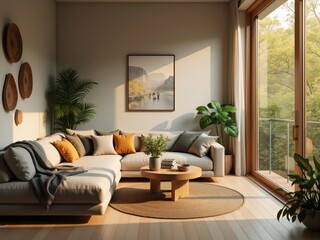 Wall Mural - Modern living room interior design with large sofa and plants