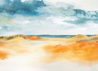 watercolor painting of a serene coastal landscape with sand dunes, ocean, and cloudy sky.