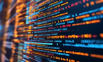 Abstract colorful programming code on computer monitor.