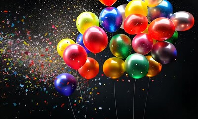 Colorful balloons with exploding confetti on black background.